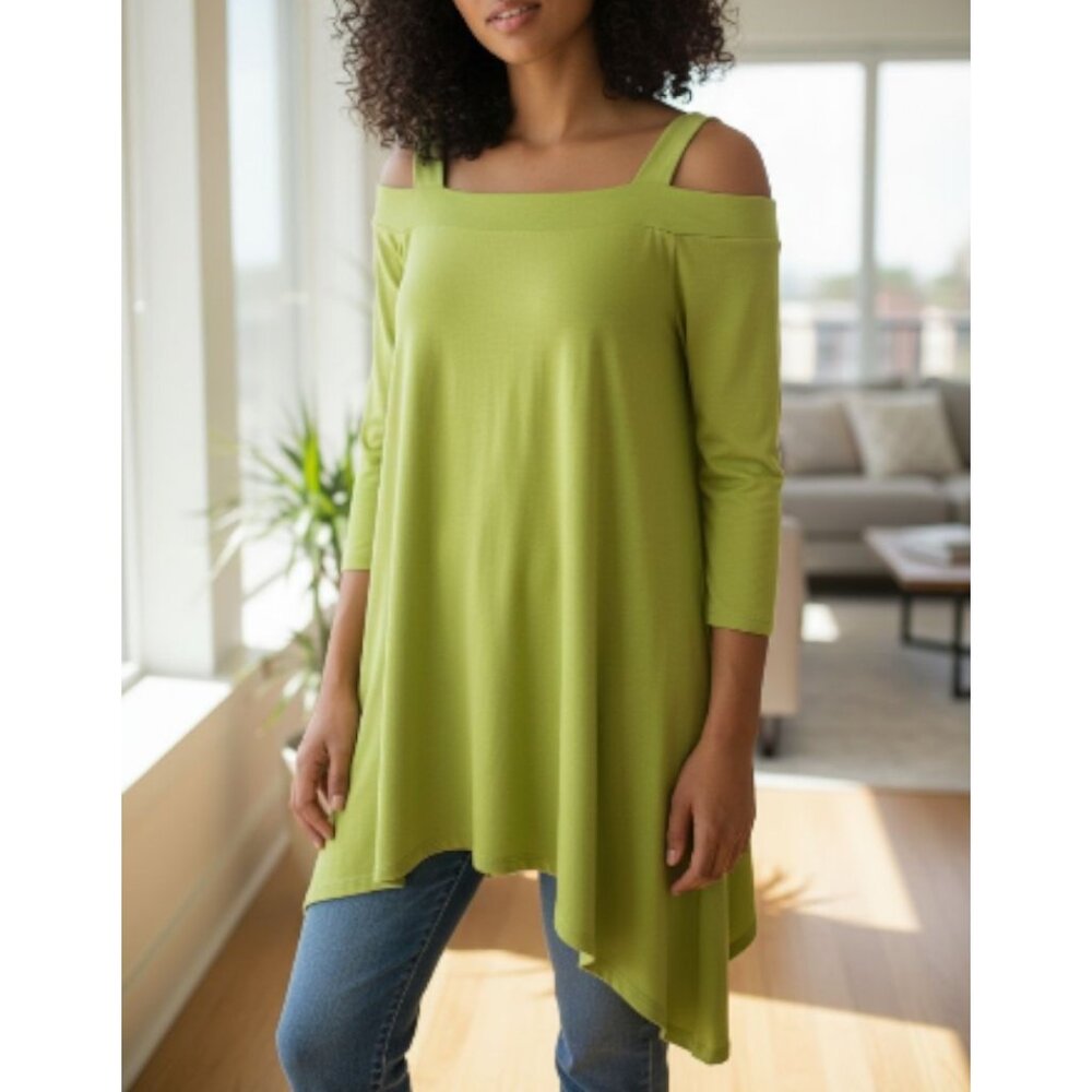 Jean Pierre Klifa Silky Cold Shoulder Tunic Top M Handkerchief Stretch Lime